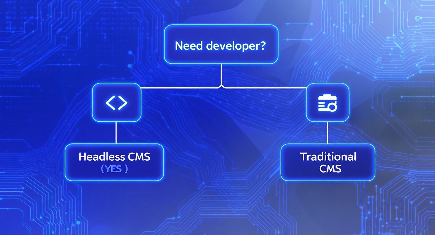 An infographic decision tree helping users decide between a traditional and a headless CMS based on whether they have developer resources.