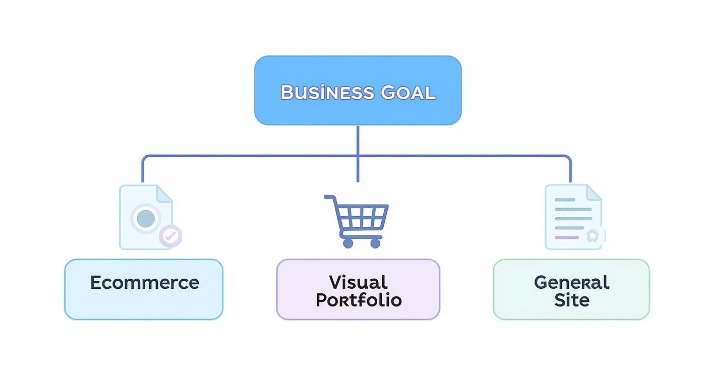 An infographic decision tree helping users choose a CMS based on their business goal, with branches for eCommerce, visual portfolios, and general websites.