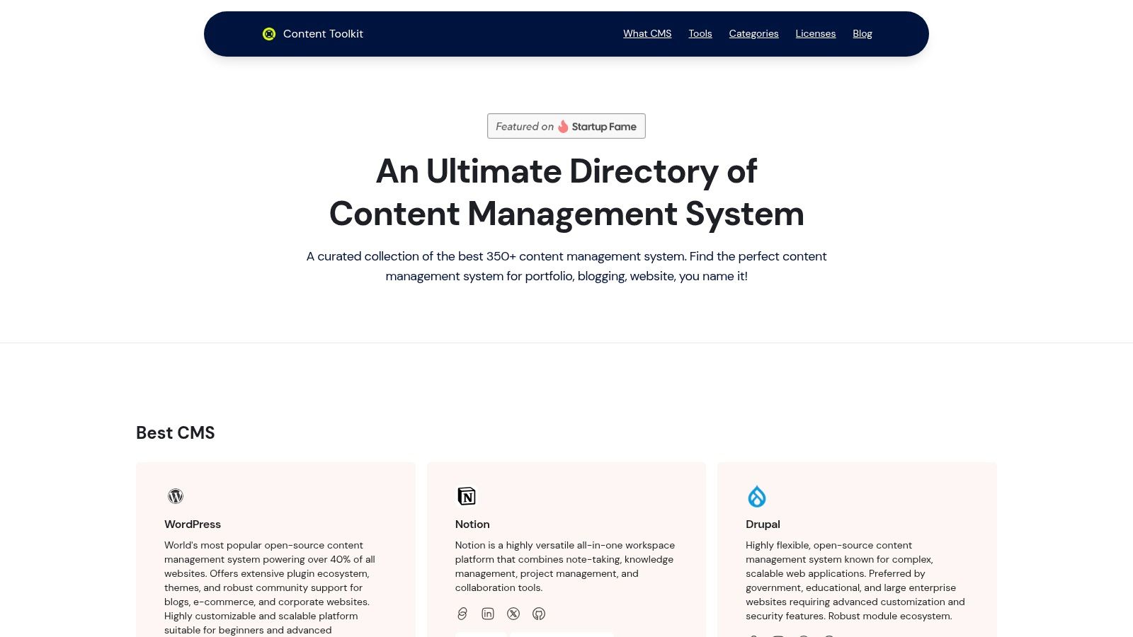 Content Toolkit website showing a directory of CMS platforms