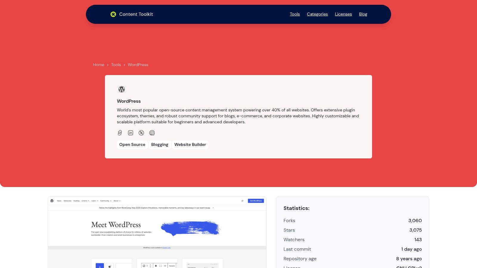 WordPress – Open Source, Blogging and Website Builder CMS Tool.