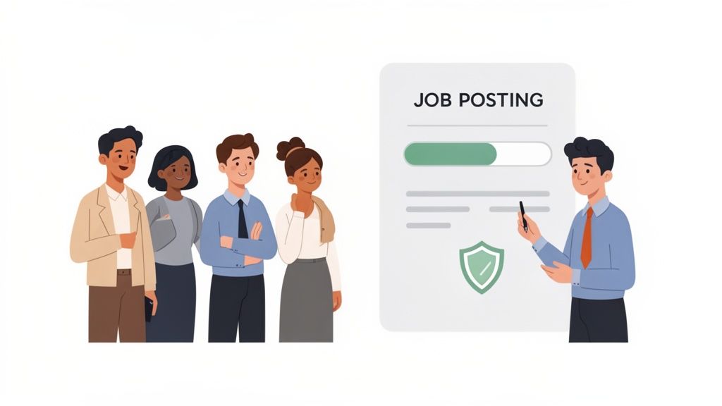 Illustrazione di persone che esaminano un annuncio di lavoro digitale con una barra di avanzamento e un simbolo di protezione.