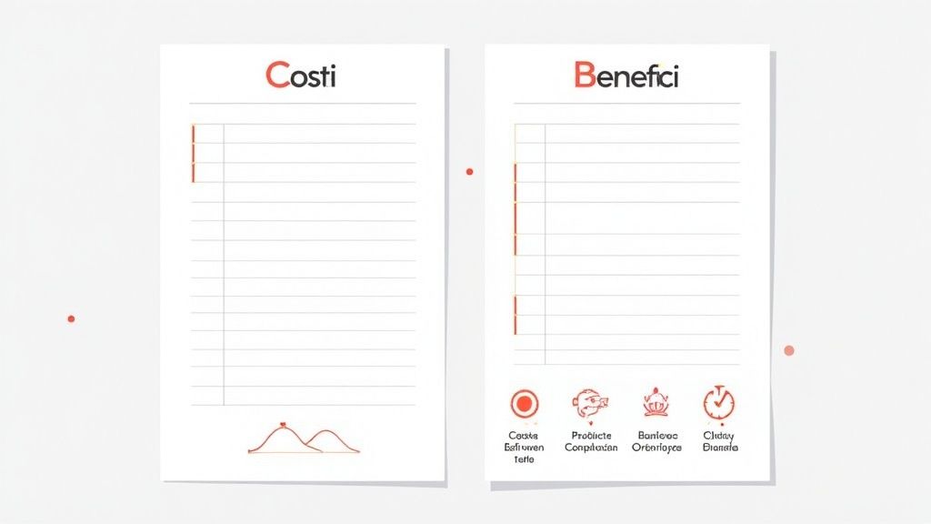 Due documenti affiancati che presentano sezioni per Costi e Benefici, con icone esplicative sul foglio dei benefici.