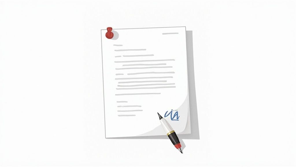 Un documento con testo e una firma, fissato da una puntina rossa, mentre una penna scrive.