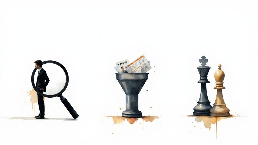 Tre illustrazioni che rappresentano analisi delle risorse umane: lente di ingrandimento, filtro con documenti e pezzi degli scacchi strategici