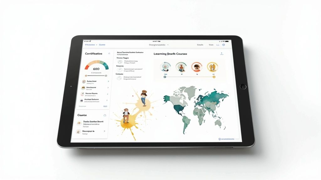 Tablet che mostra un sistema LMS con certificazioni, corsi di apprendimento e mappa mondiale interattiva