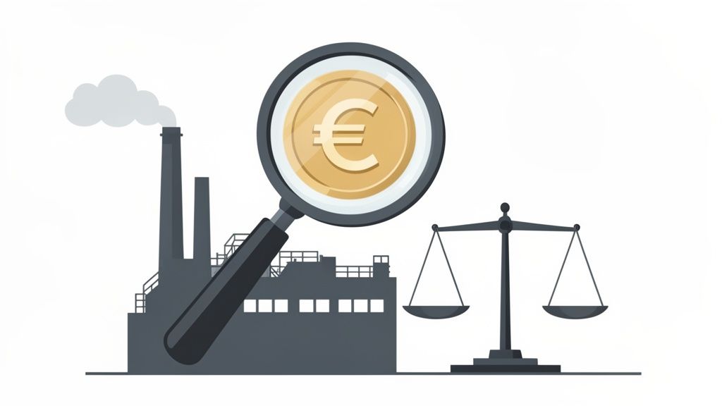 Fabbrica con fumo, lente d'ingrandimento su moneta euro e bilancia, simboleggiando indagini finanziarie e equità industriale.