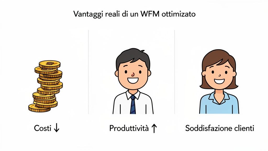 Illustrazione dei vantaggi di un WFM ottimizzato: costi ridotti, maggiore produttività e soddisfazione clienti.