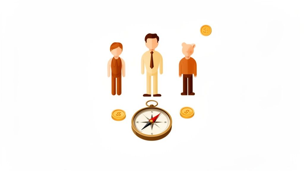 Illustrazione di tre figure stilizzate, una bussola e monete d'oro, che rappresentano la pianificazione finanziaria.