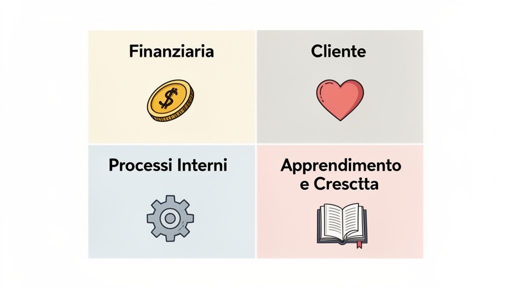 Diagramma della Balanced Scorecard con prospettive finanziarie, del cliente, dei processi interni e di apprendimento e crescita.
