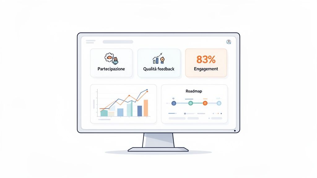 Un monitor mostra una dashboard dettagliata con metriche di partecipazione, qualità del feedback, engagement e una roadmap del progetto.