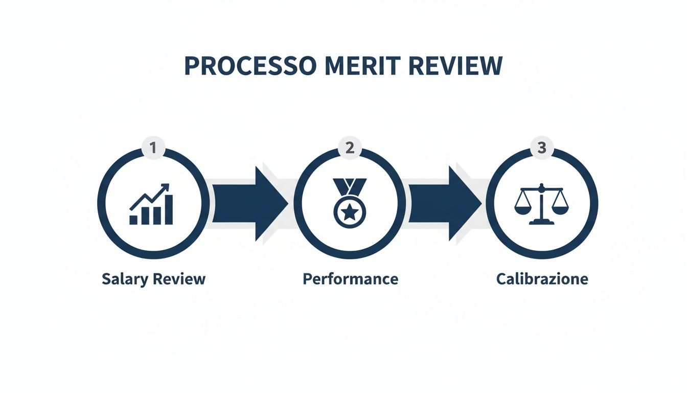 Processo di Merit Review illustrato in tre fasi: Revisione Salariale, Performance e Calibrazione.