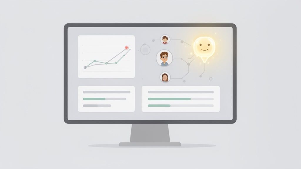 Un monitor di computer mostra una dashboard con grafici, barre di progresso e icone utente, con una lampadina sorridente e luminosa.