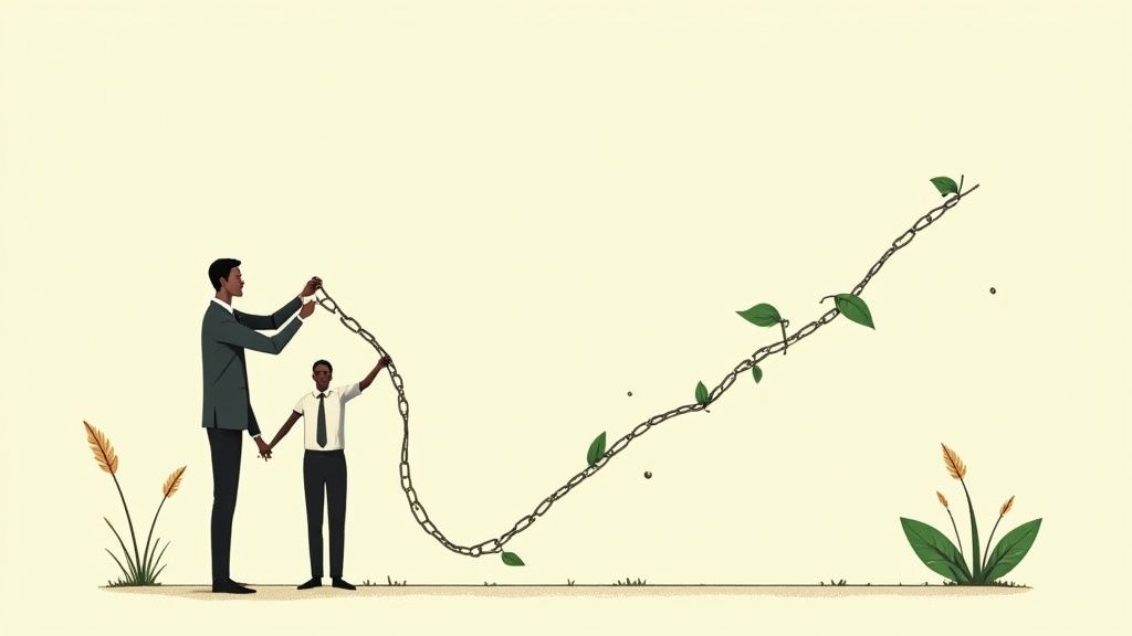 Due uomini, un adulto e un giovane, tengono una catena con foglie verdi che simboleggia crescita e progresso.