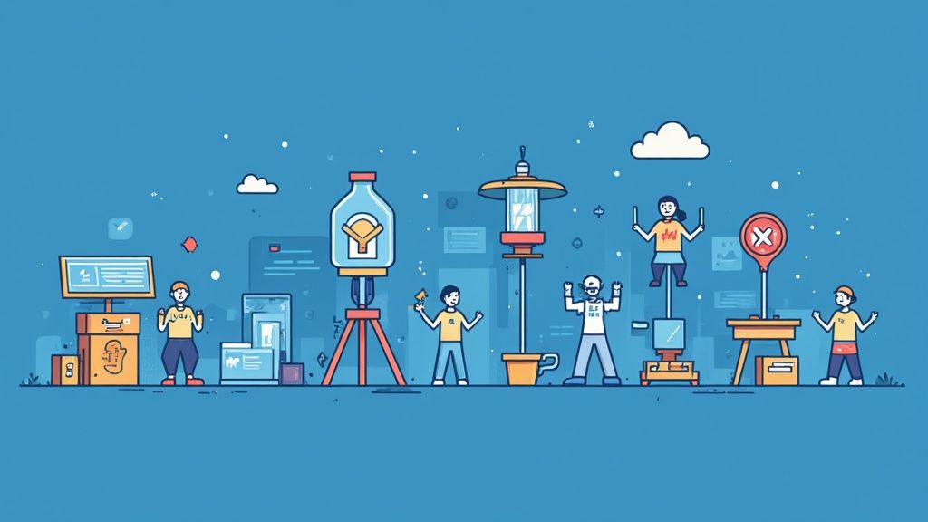 Illustrazione colorata di persone che interagiscono con elementi digitali e oggetti, con uno sfondo blu che simboleggia l'innovazione e la collaborazione.