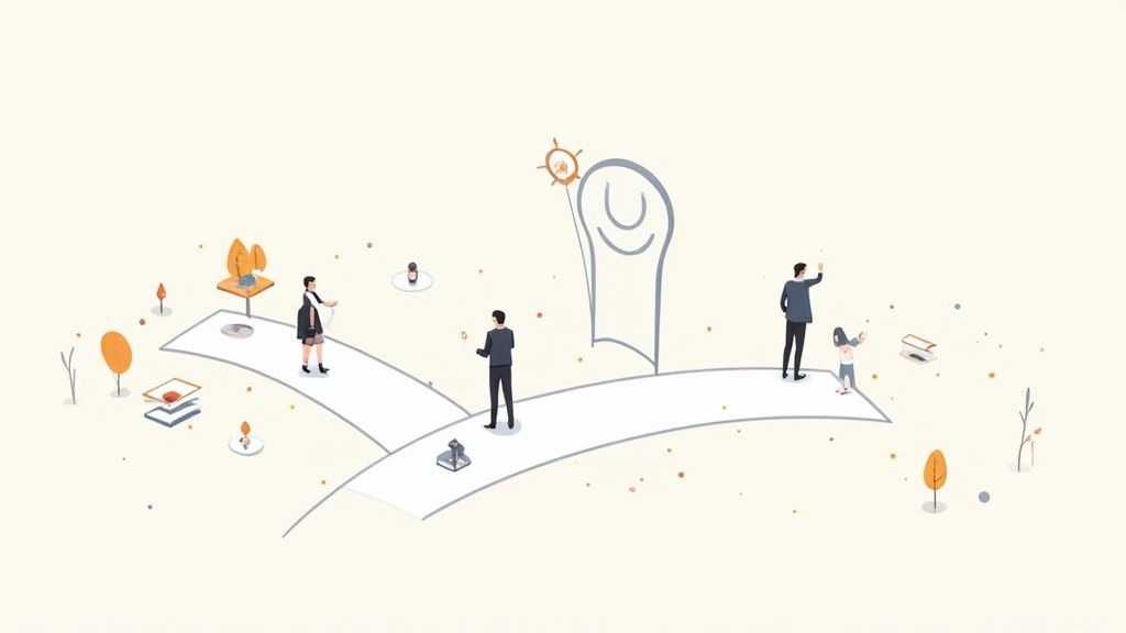 Illustrazione isometrica di persone su percorsi che si biforcano, che rappresentano scelte e opportunità in un contesto aziendale.