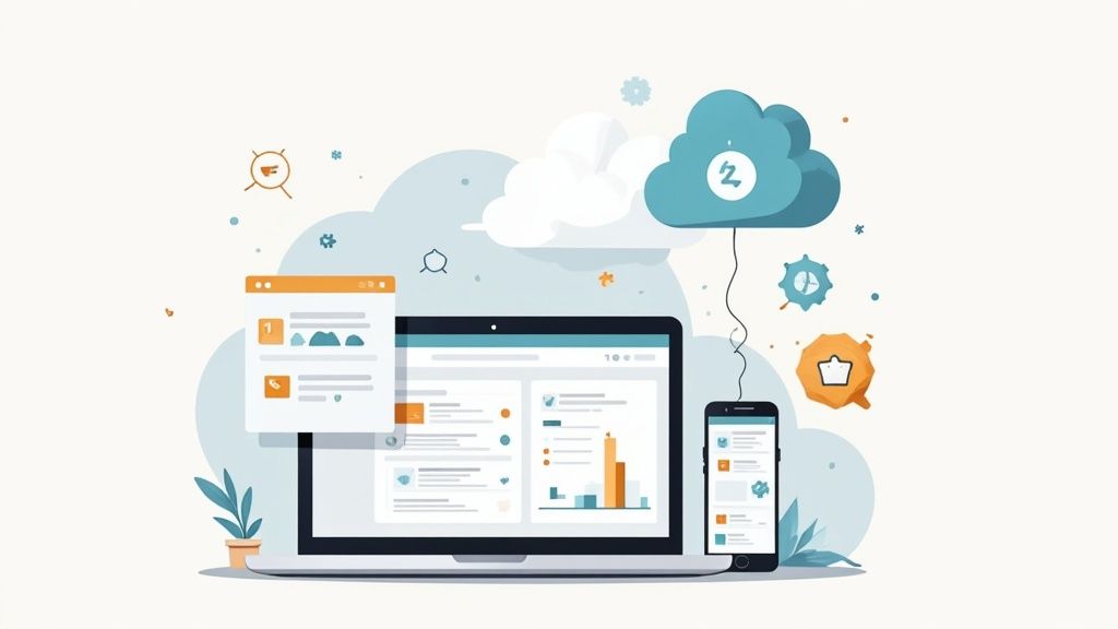 Illustrazione digitale di un laptop e uno smartphone sincronizzati con un servizio cloud, mostrando interfacce utente e dati.
