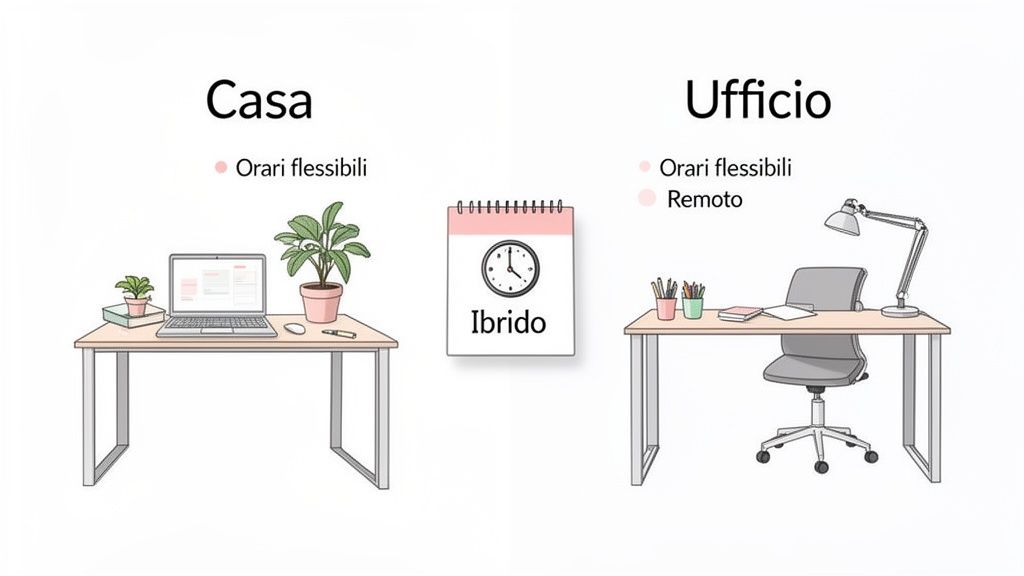 Illustrazione di due ambienti di lavoro, casa e ufficio, con riferimento a orari flessibili e modello ibrido.