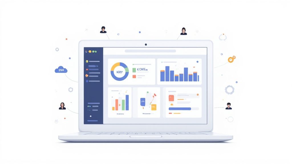 Laptop bianco con dashboard di dati complessa, grafici e icone di utenti e cloud collegati.