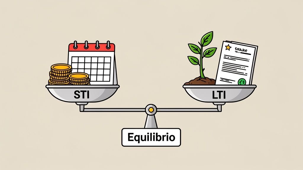 Bilancia raffigurante l'equilibrio tra incentivi a breve termine (STI) con calendario e monete e incentivi a lungo termine (LTI) con pianta e documento.