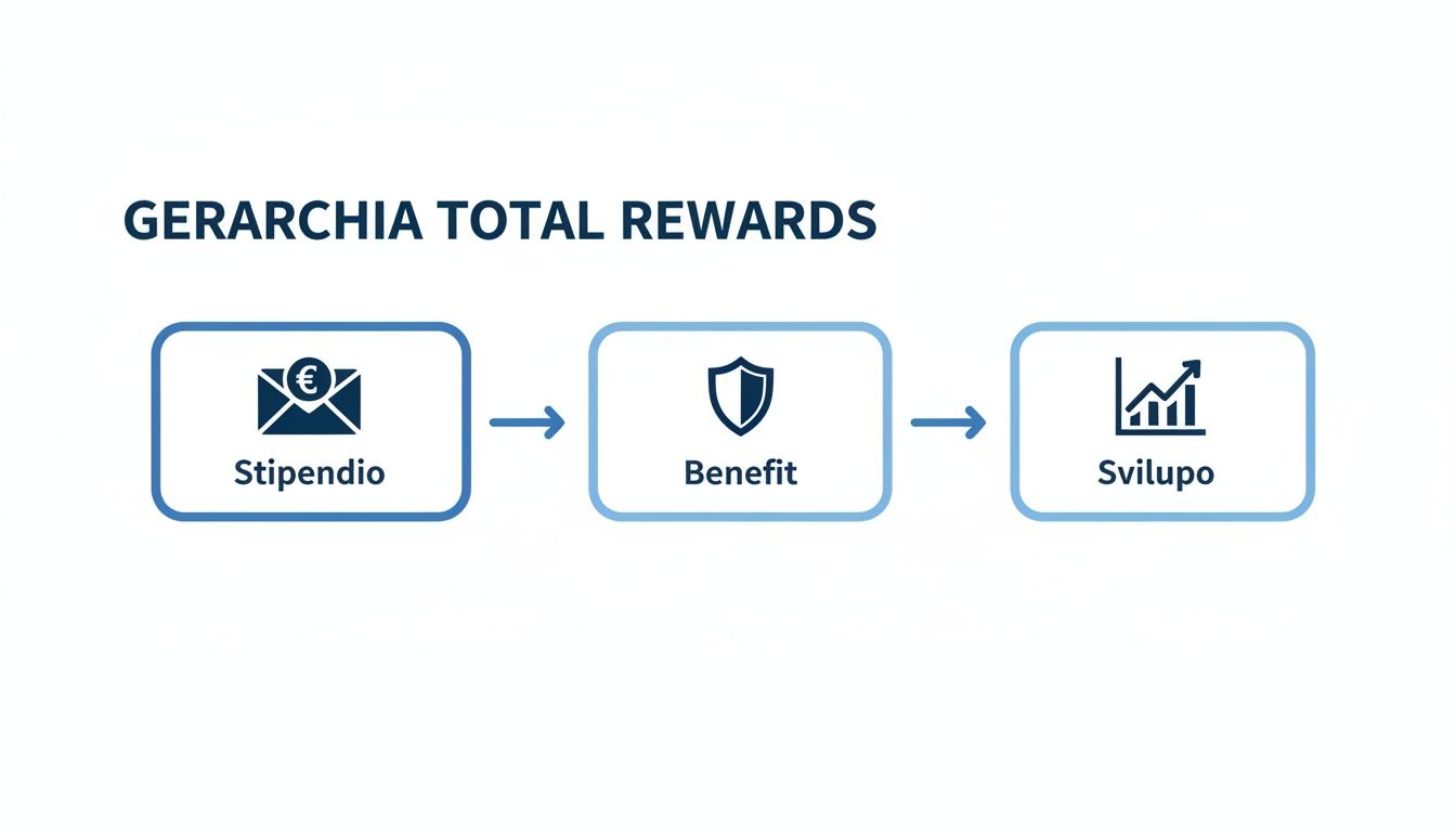 Diagramma che illustra la gerarchia dei Total Rewards: Stipendio, Benefit e Sviluppo, con icone esplicative.