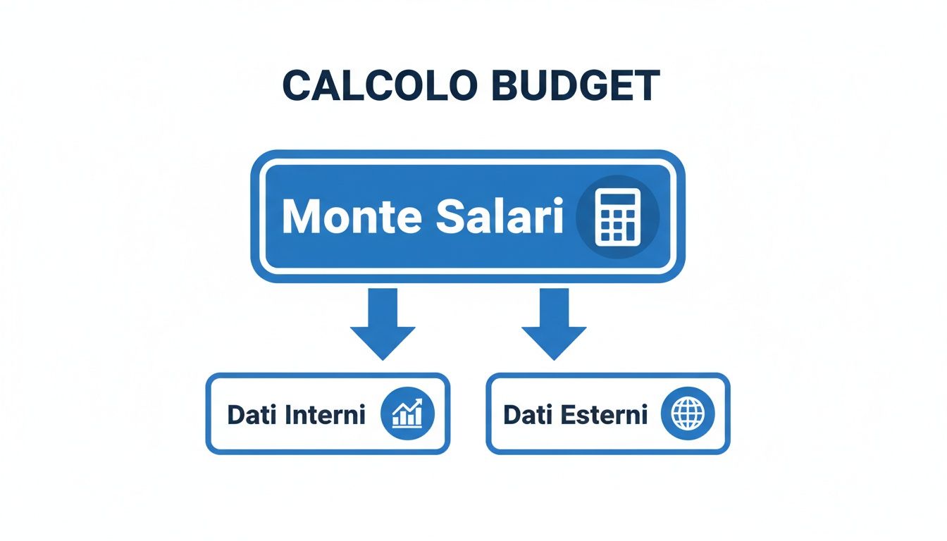 Diagramma che illustra il calcolo del budget, con il monte salari basato su dati interni ed esterni.