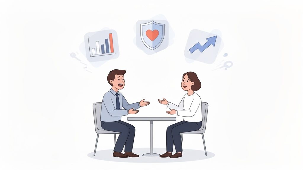 Due persone discutono al tavolo, con icone di crescita, protezione e analisi finanziaria sopra le loro teste.