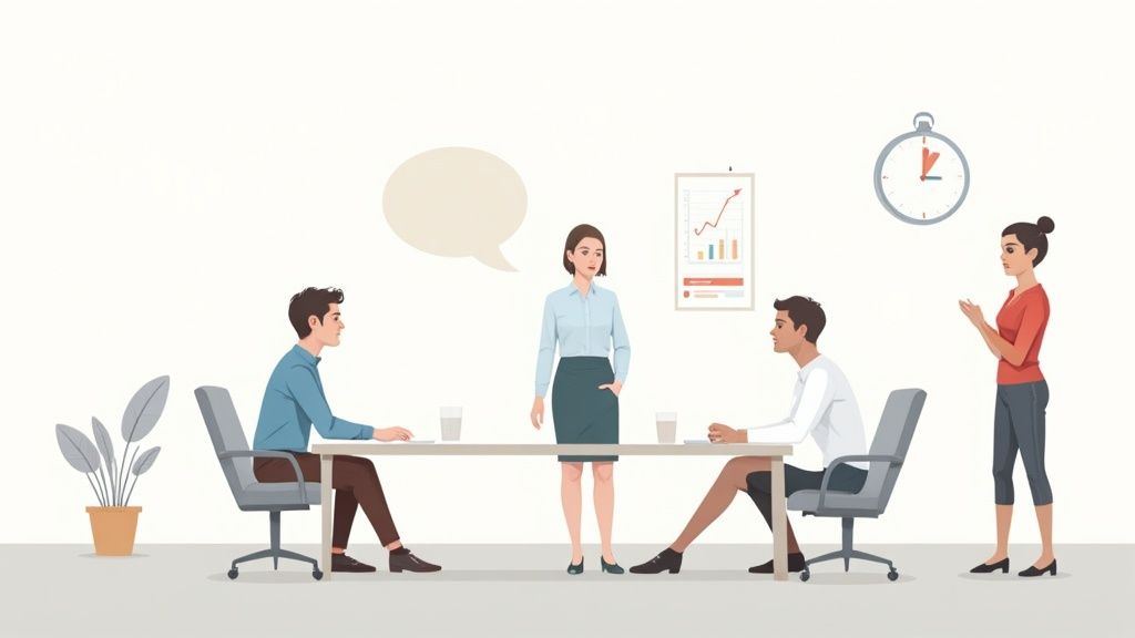 Riunione d'ufficio con diverse persone, una donna che parla e due uomini seduti al tavolo.