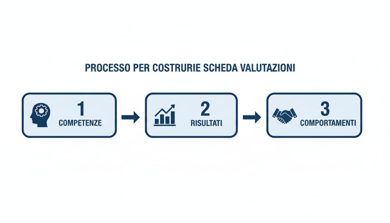 Diagramma del processo per costruire una scheda di valutazione, mostrando passi per competenze, risultati e comportamenti.