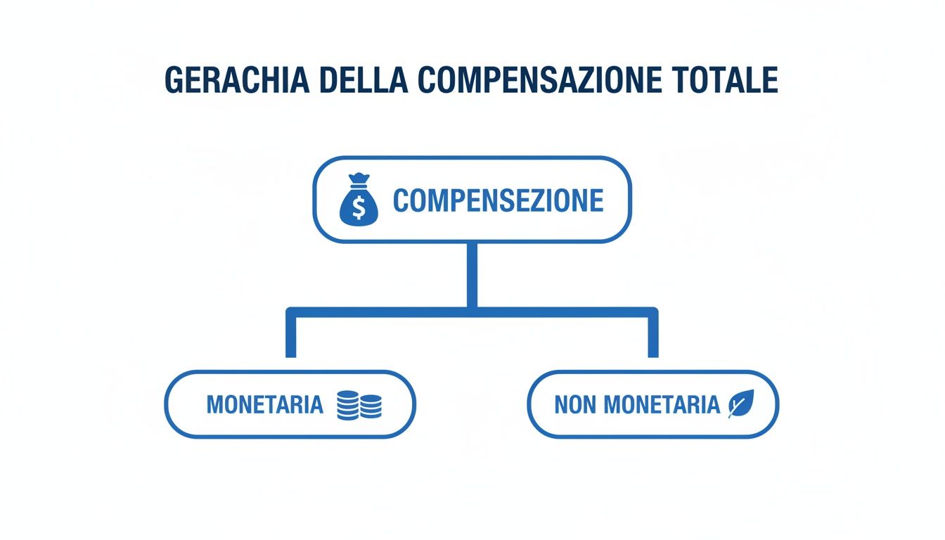 Diagramma gerarchico che illustra la compensazione totale, suddivisa in componenti monetarie e non monetarie.