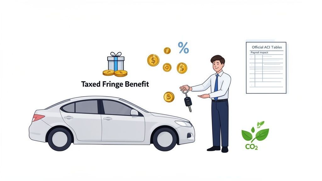 Uomo con auto aziendale, chiavi, fringe benefit tassato e tabelle ACI per l'impatto fiscale, con riferimento alle emissioni di CO2.