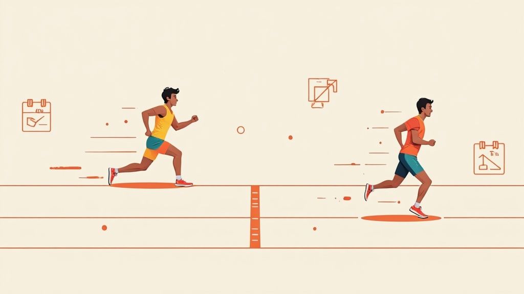 Due corridori in una gara, uno con maglia gialla e pantaloncini arancioni, l'altro con maglia arancione e pantaloncini blu, simboleggiano velocità e progresso.