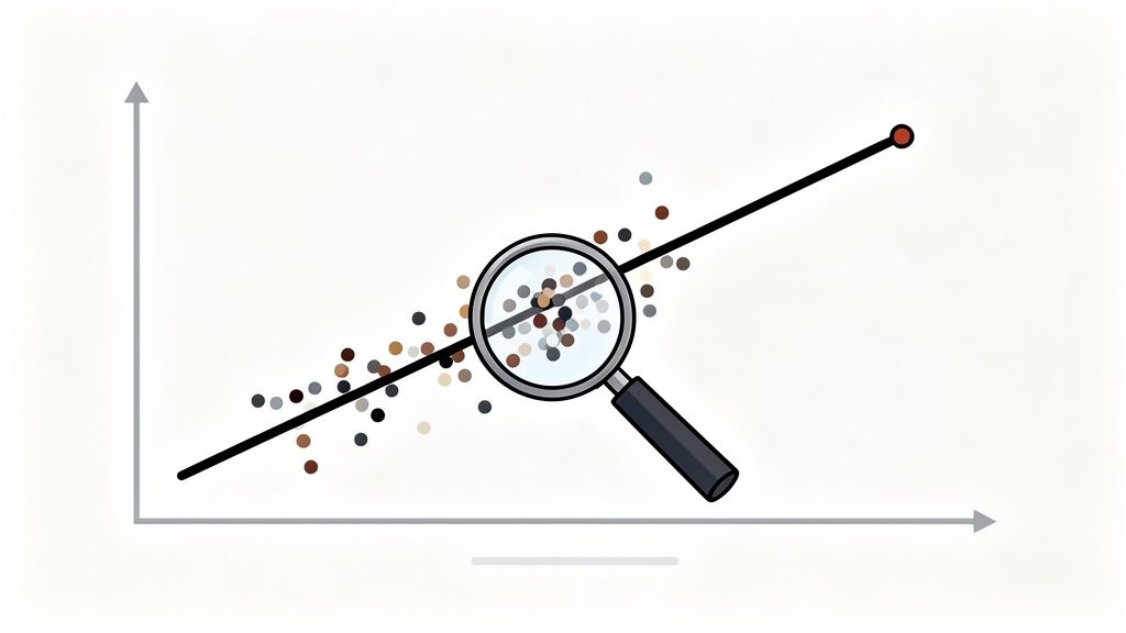 Un grafico a dispersione con linea di regressione e lente d'ingrandimento sui punti dati, che illustra l'analisi.