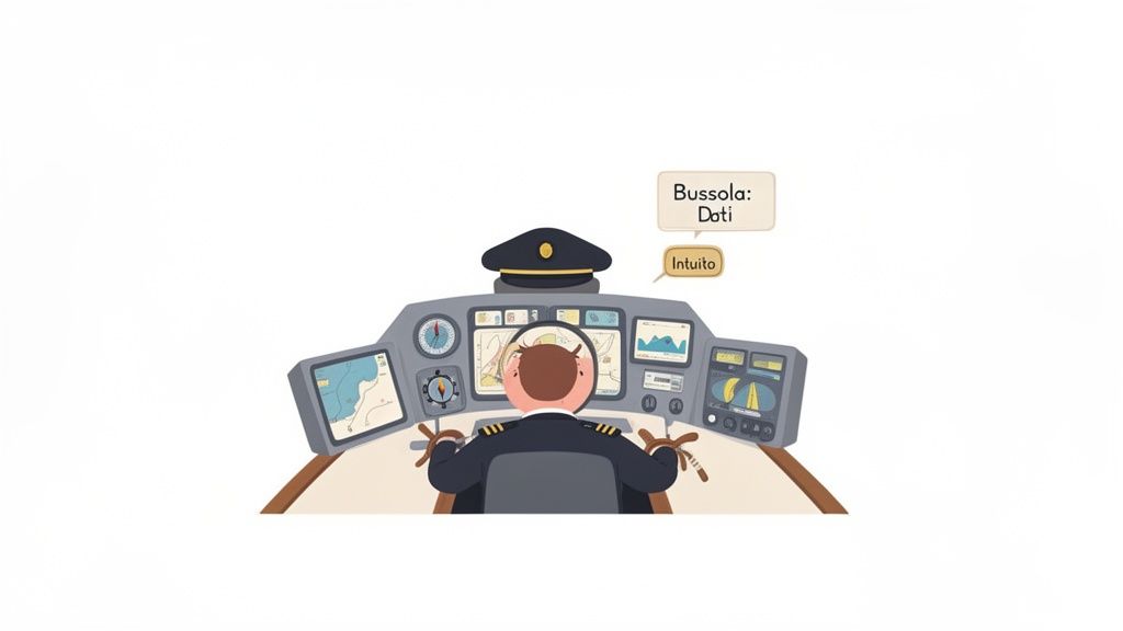 Un capitano in una cabina di pilotaggio con strumenti, bilanciando dati e intuizione per la navigazione.