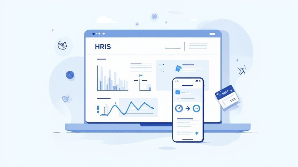 Un laptop mostra una dashboard HRIS con grafici e dati, affiancato da un'app mobile HR.