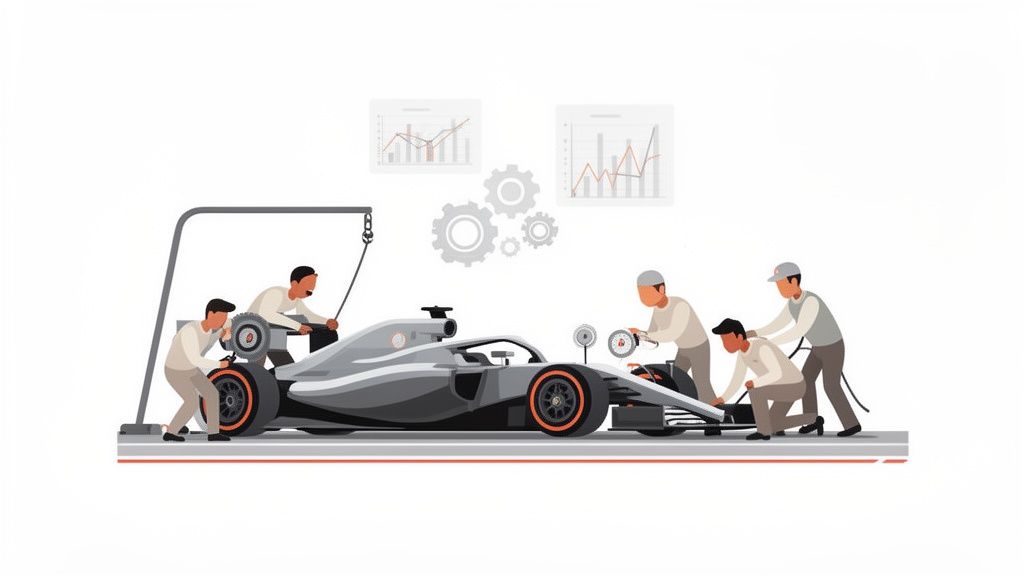 Meccanici lavorano su un'auto di Formula 1, analizzando dati e performance per ottimizzarne la velocità.