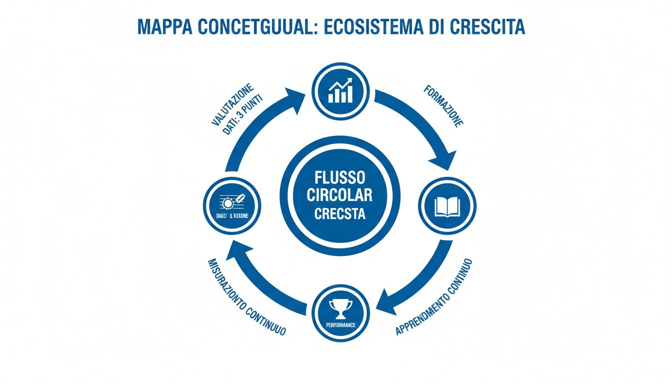Mappa concettuale illustra l'ecosistema di crescita con un flusso circolare di formazione, apprendimento, performance e misurazione continua.