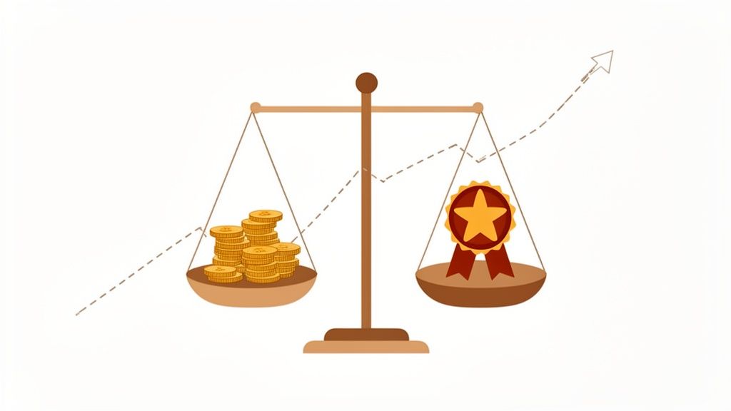 Bilancia con monete d'oro e medaglia di merito, rappresenta equilibrio tra costo e valore in crescita.