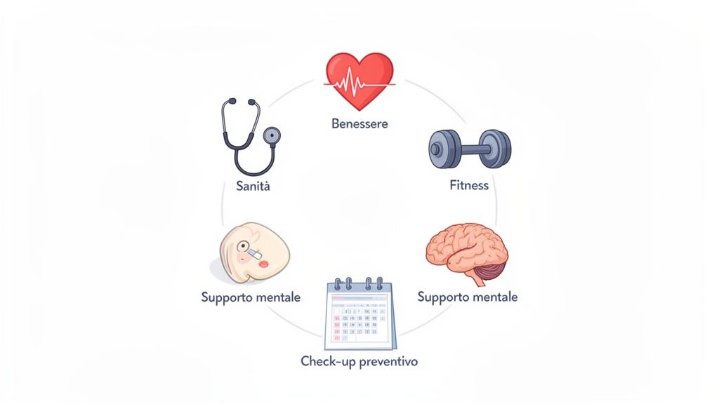 Un diagramma circolare illustra il benessere olistico attraverso sanità, fitness, supporto mentale e check-up preventivi.