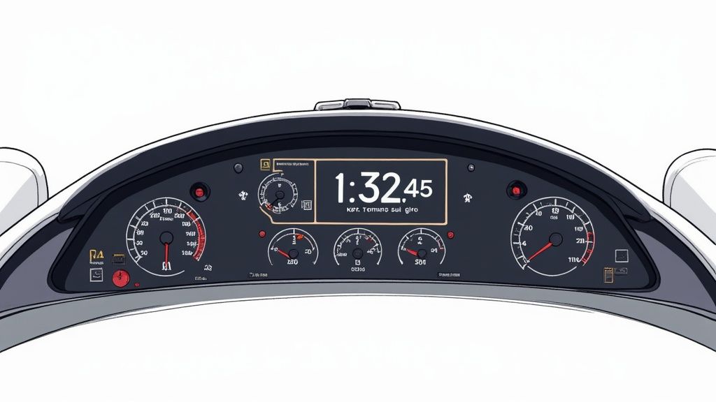 Vista dettagliata di un moderno cruscotto automobilistico con display digitali e indicatori analogici di tempo e informazioni.