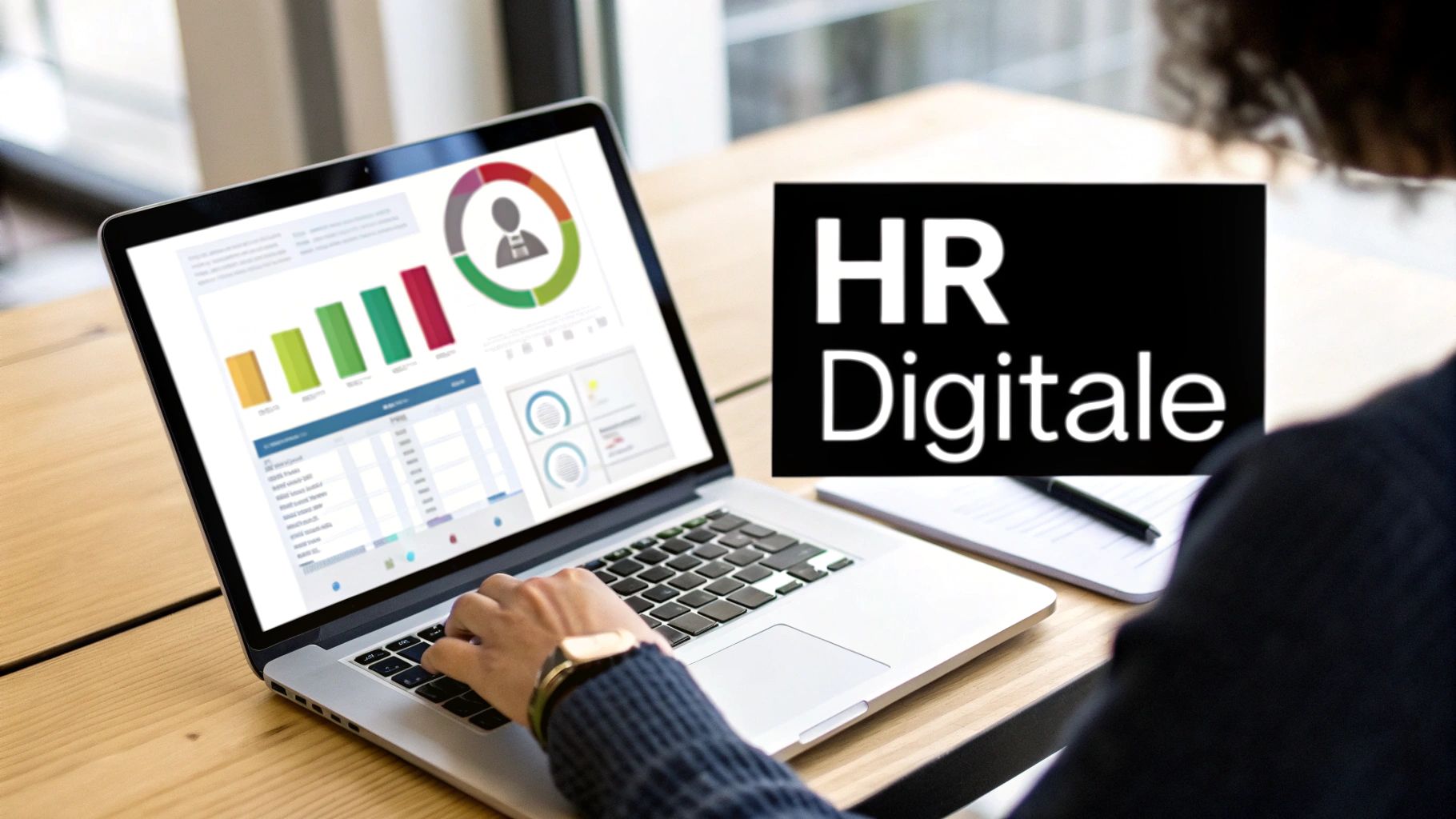 Un manager HR che analizza dashboard digitali su un grande schermo in ufficio