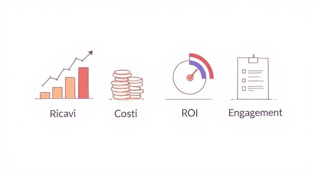 Icone che rappresentano performance aziendali: ricavi crescenti, costi, ROI ed engagement.