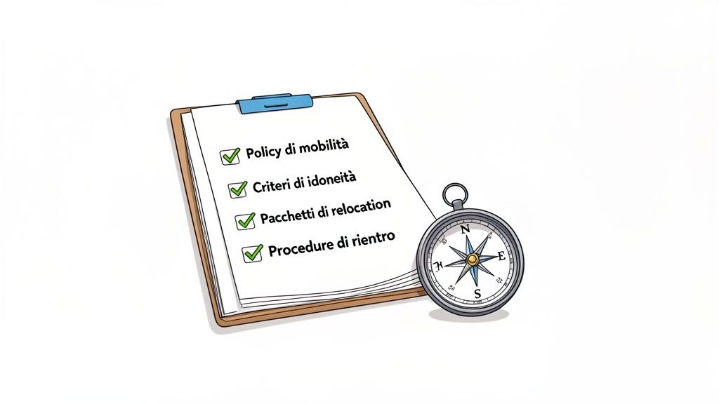 Una clipboard con una checklist di politiche di mobilità, criteri, pacchetti di relocation e procedure di rientro, con una bussola.