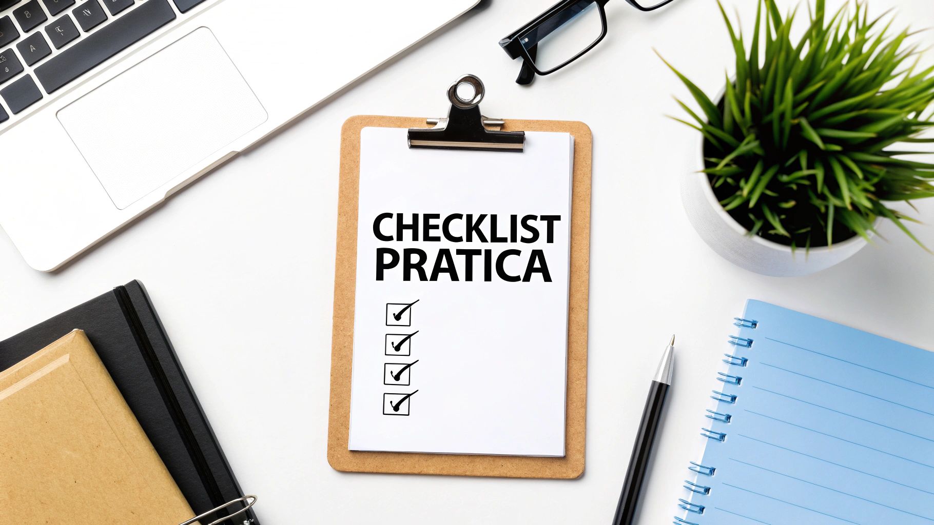 Una persona spunta una checklist su un tablet, con icone di performance in sottofondo.