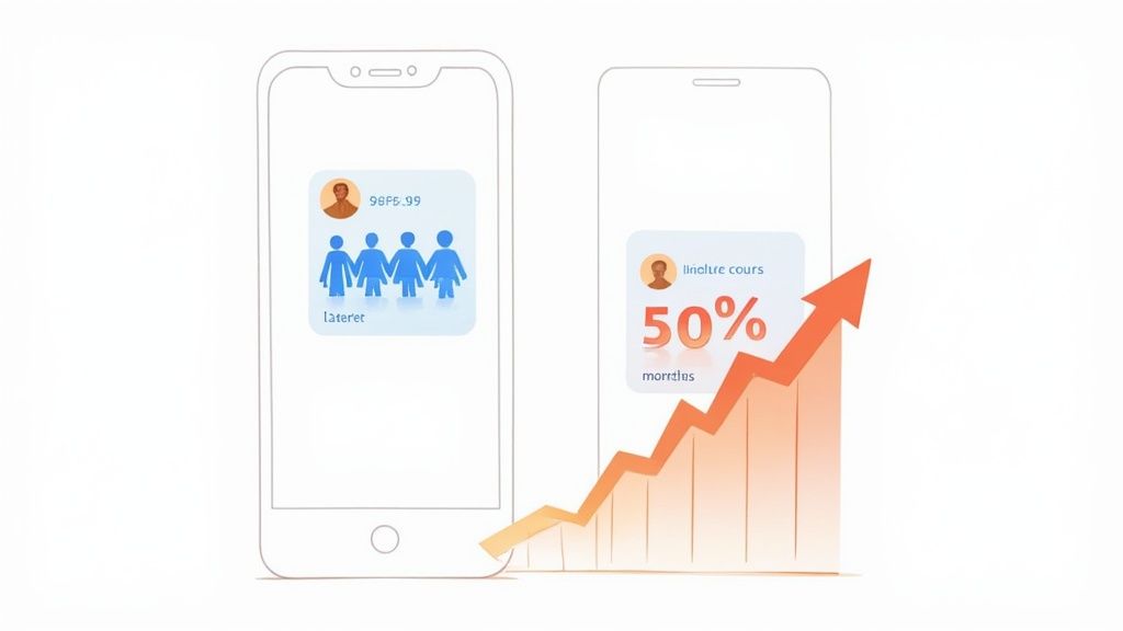 Due sagome di smartphone mostrano app con icone di persone, testo e un grafico a barre arancione in crescita con una percentuale del 50%.