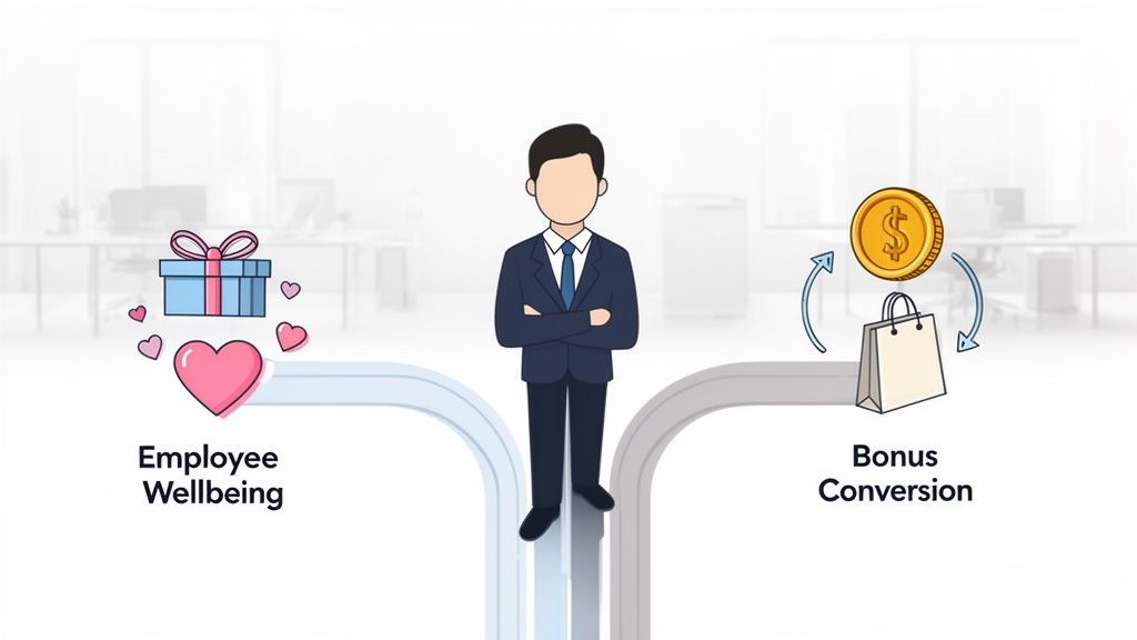 Uomo di fronte a due scelte: benessere dei dipendenti con regali o conversione del bonus in acquisti e denaro.