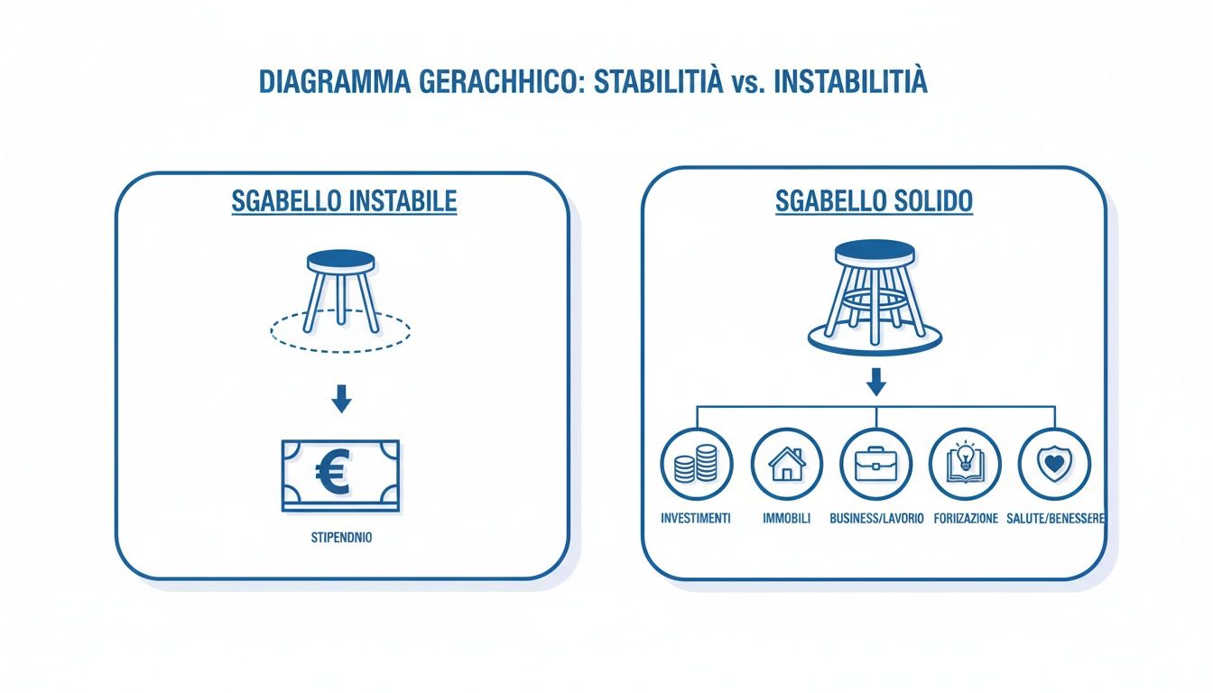 Diagramma finanziario: sgabello instabile (salario) vs. sgabello solido (investimenti, immobili, lavoro, formazione, salute).