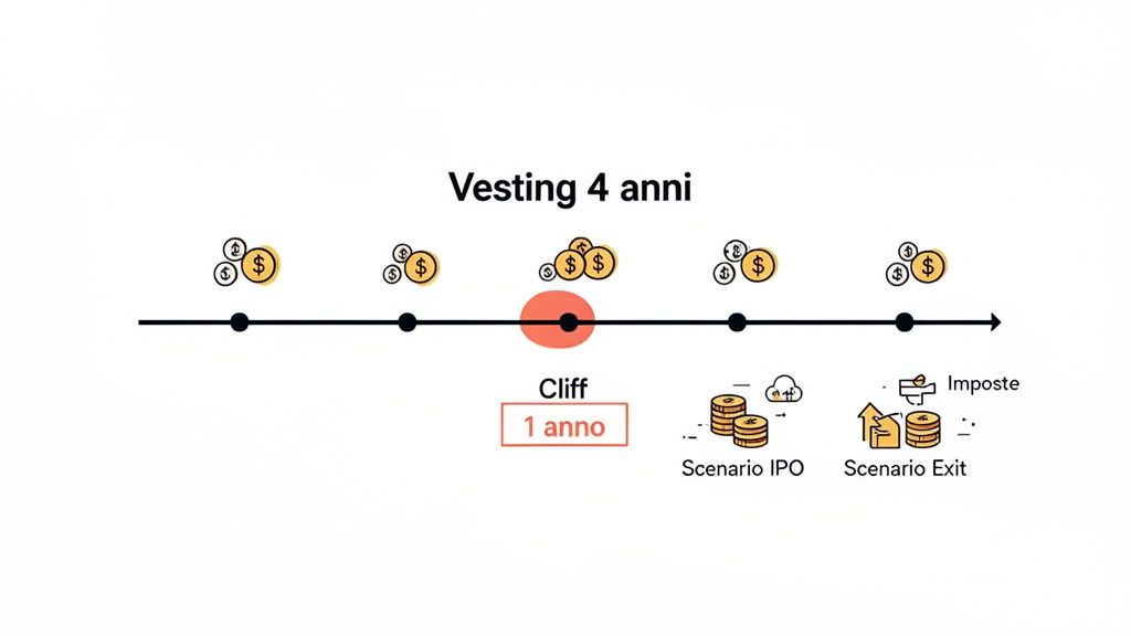 Un grafico a linea mostra una timeline di vesting di 4 anni con un cliff di 1 anno, illustrando scenari IPO ed exit e imposte.