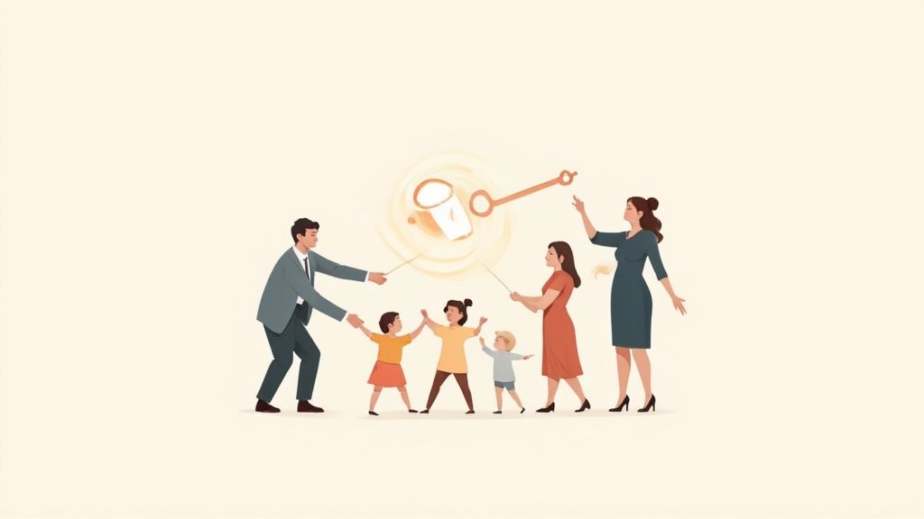 Una famiglia con due adulti e quattro bambini interagisce con simboli astratti del tempo, suggerendo gestione e guida.