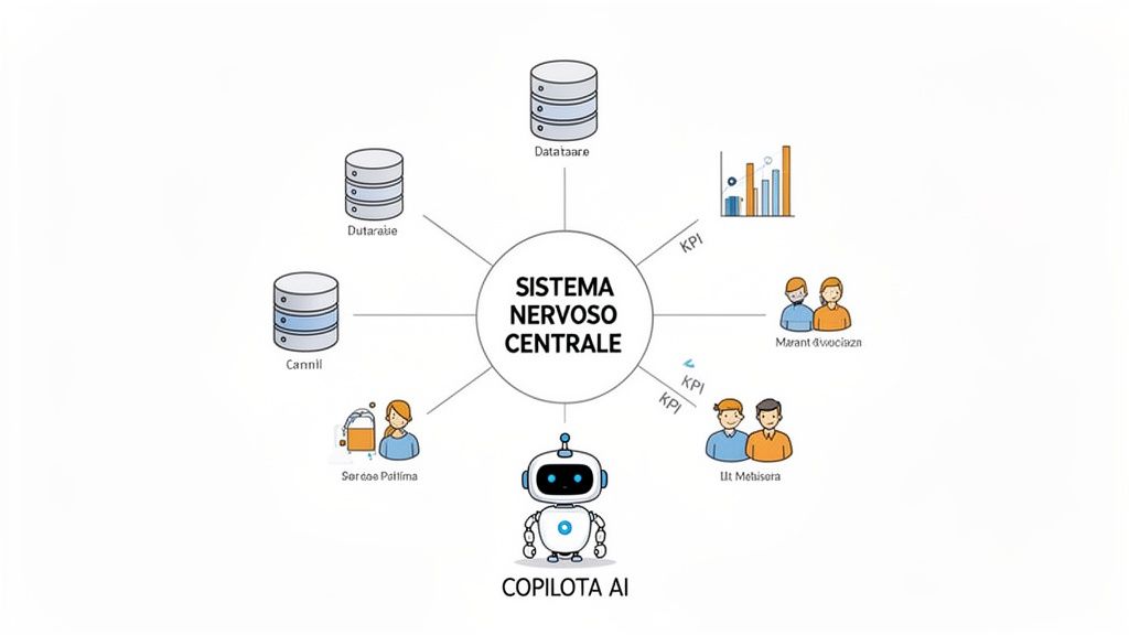 Diagramma di un sistema centrale che integra database, utenti, KPI e un copilota AI per decisioni basate sui dati.