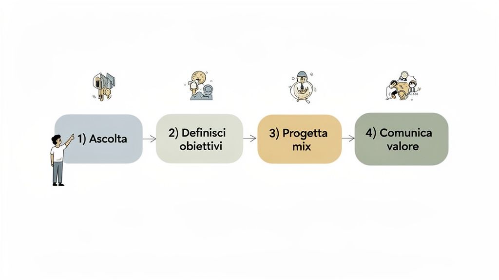 Un diagramma di flusso mostra quattro passaggi chiave: ascolta, definisci obiettivi, progetta mix, comunica valore.